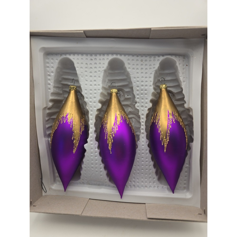 German Glass Teardrop Christmas Ornaments Violet/Gold Snowflake Hanging Set 3pc